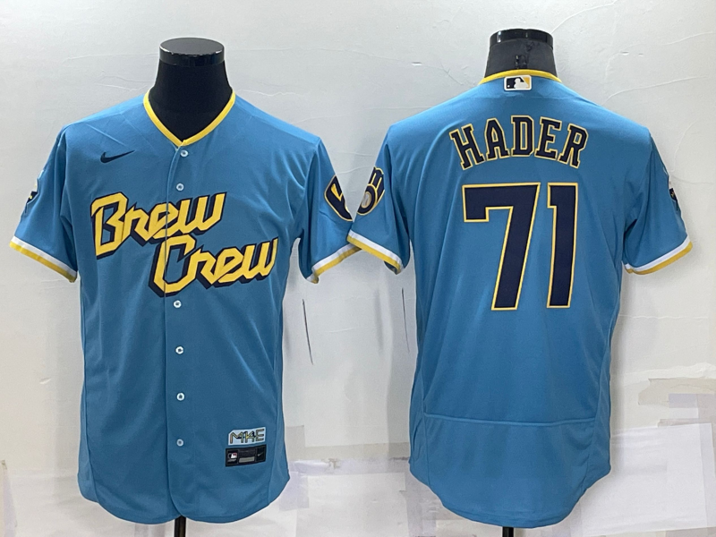 Men's Blue Milwaukee Brewers #71 Josh Hader 2022 Powder City Connect Flex Base Stitched Jersey